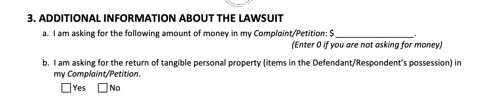 Portion of circuit court summons form showing the amount of money the plaintiff is asking for in the complaint.