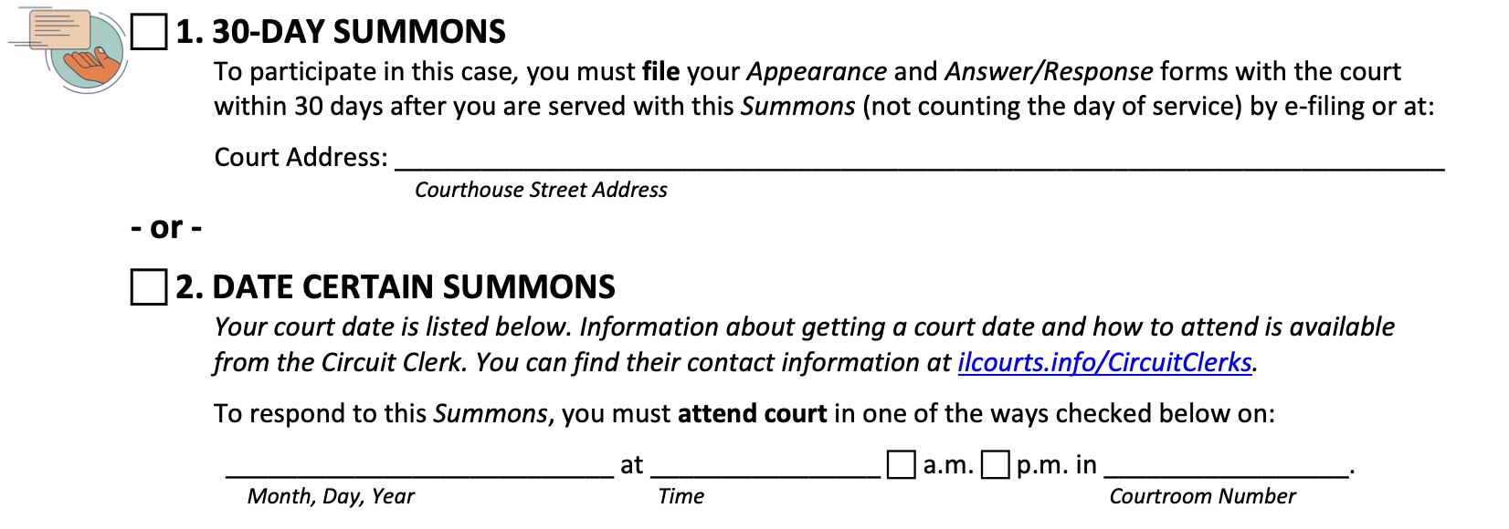 Portion of circuit court form summons indicating whether it is a 30-day summons or date certain summons.