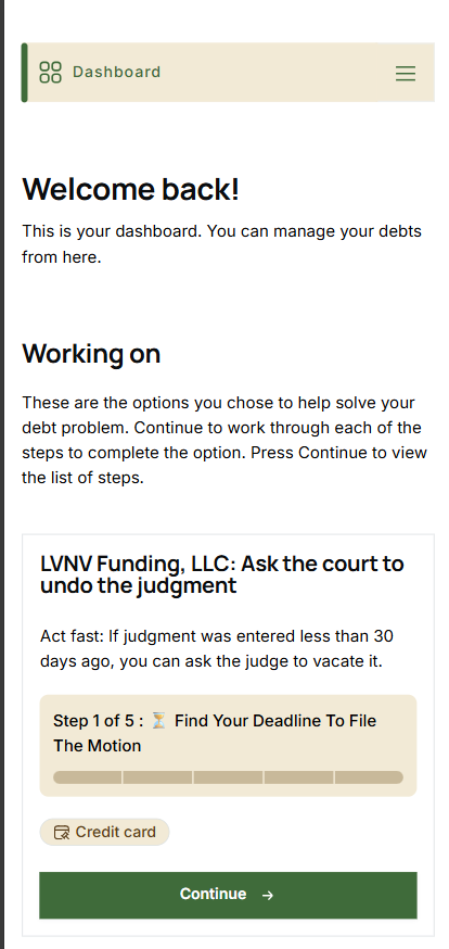 Screenshot of the Dashboard page
