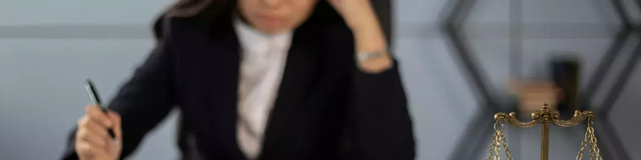 A lawyer in the background with the scales of justice in focus