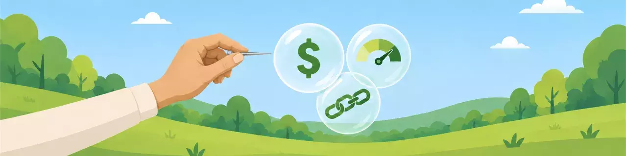 A hand with a needle popping bubbles holding financial symbols