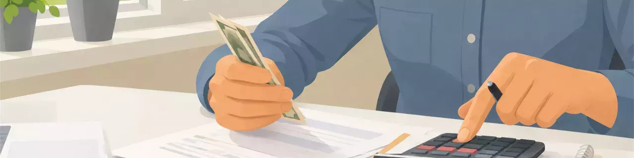 Person counting cash with calculator at desk