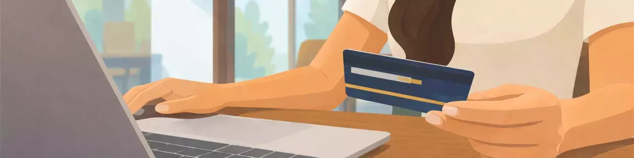Woman holding credit card while using laptop