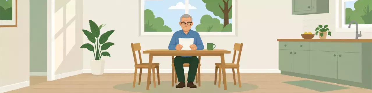 Man reviewing card and bills at kitchen table