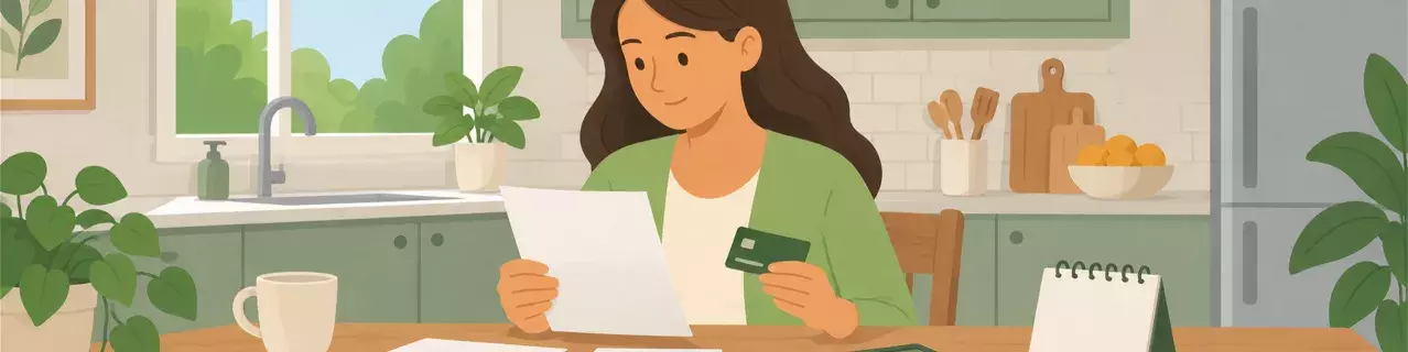 Woman reviewing credit card bills at table