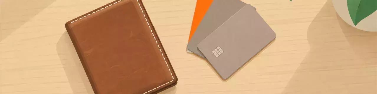 Leather wallet and credit cards on table