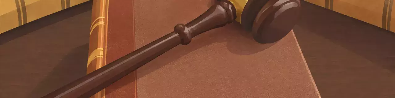 Wooden gavel resting on open law book