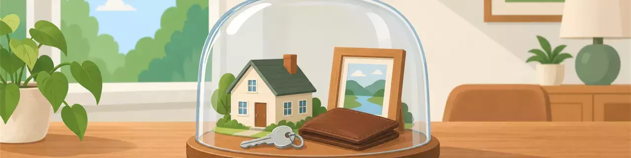 Glass cloche covering house model and wallet