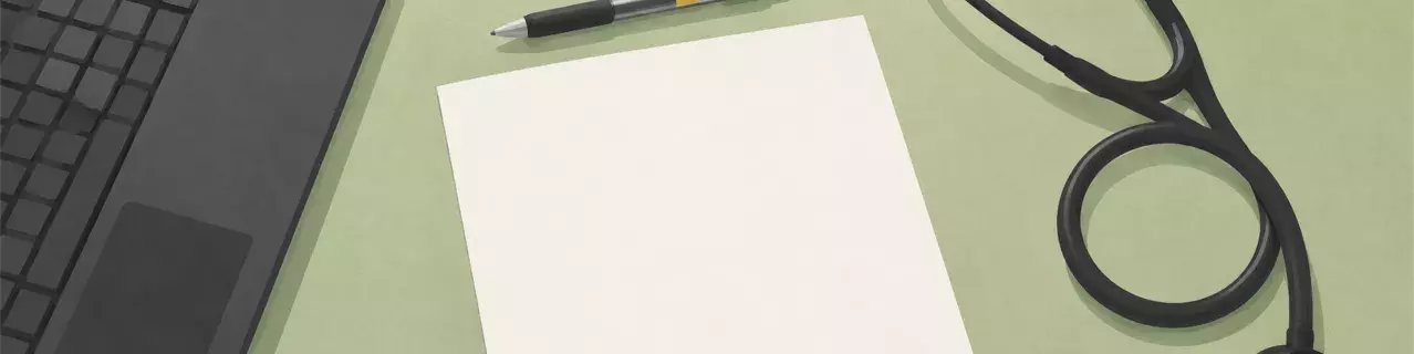 Stethoscope with pen and paper beside laptop
