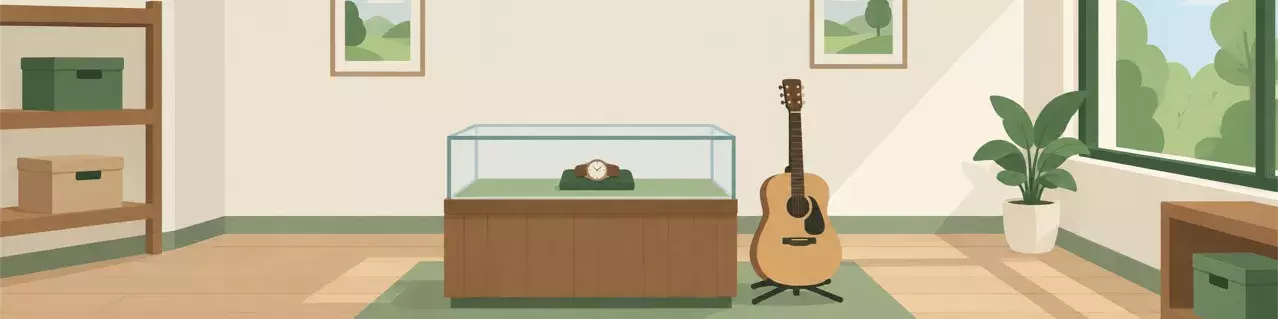 Pawn shop display with guitar and jewelry