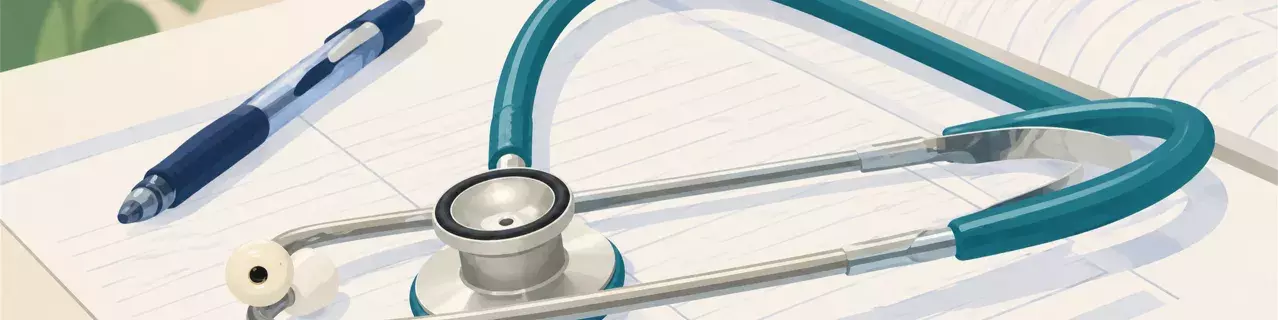 Stethoscope and pen on medical forms