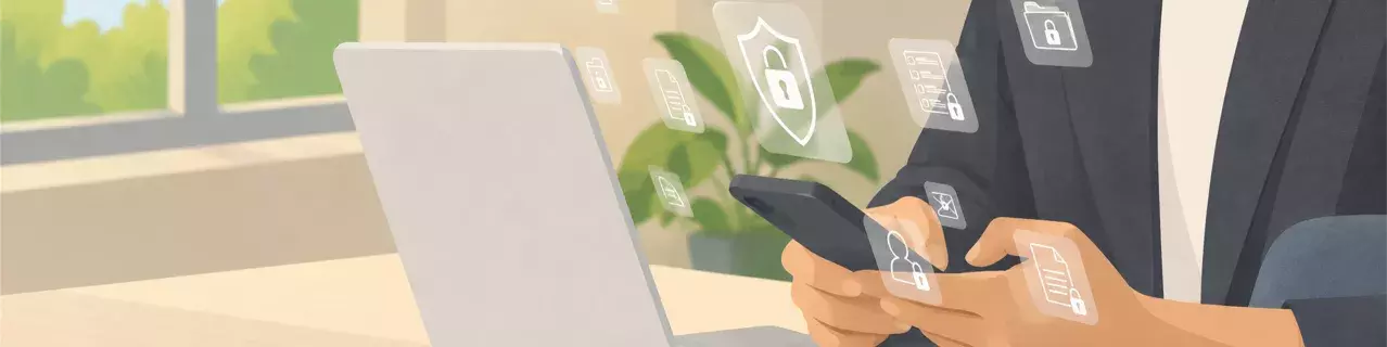 Woman using phone beside secure laptop