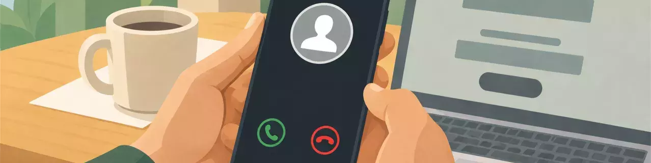 Hands holding phone with incoming call on desk