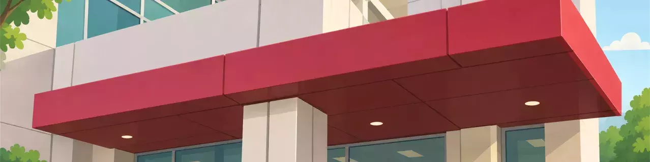 Modern hospital entrance with red canopy