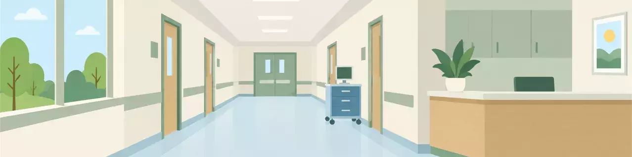 Hospital corridor with patient doors and cart
