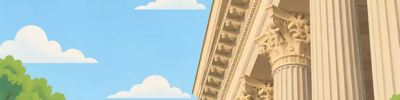 Classical courthouse columns against blue sky