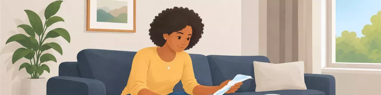 Woman reviewing bills on sofa with calculator