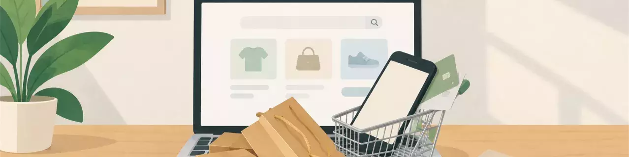 Laptop with shopping cart and package bags