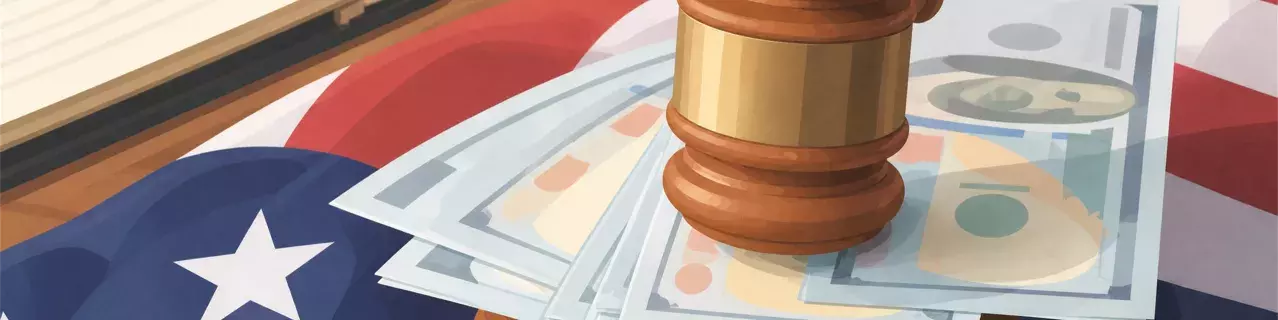 Gavel resting over flag and legal papers