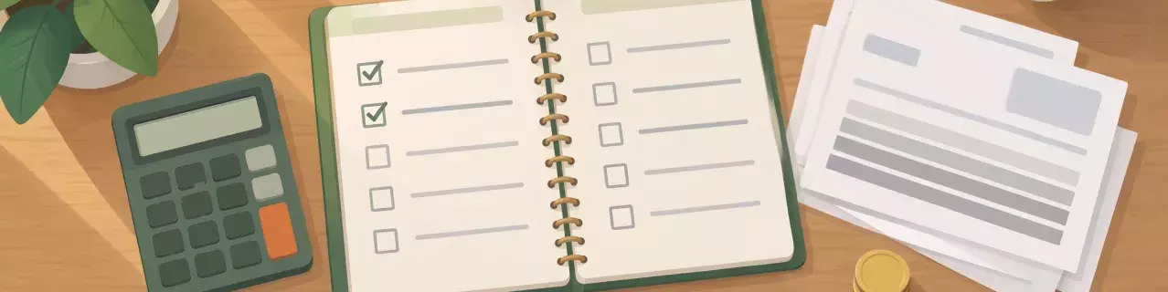 Planner with checklist and calculator on desk