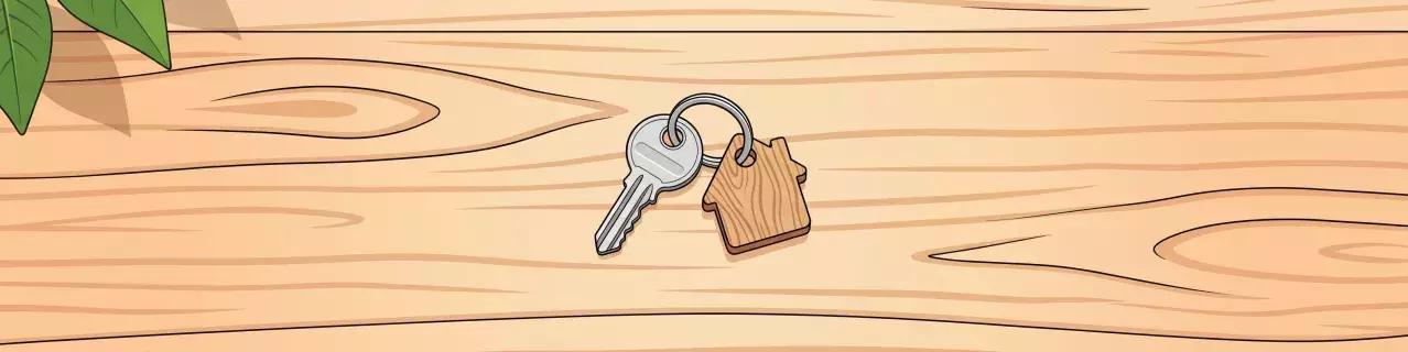 Keys and house keychain in open door lock