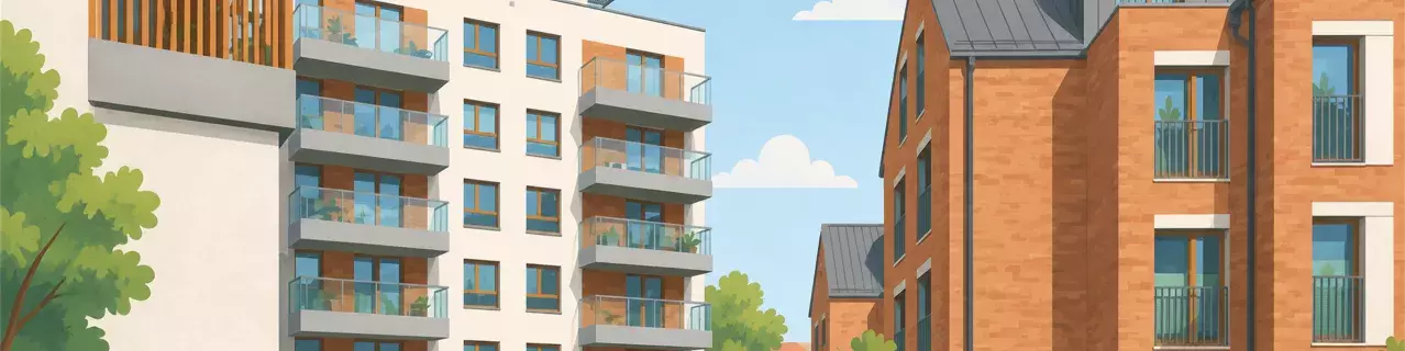 Modern apartment buildings under blue sky