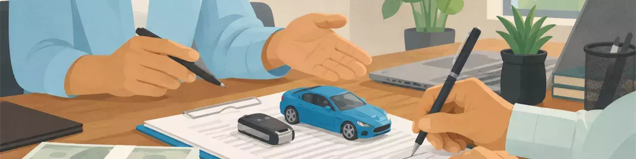 Reviewing auto loan with toy car and cash