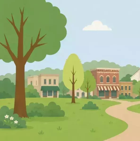Small town in background with park in foreground