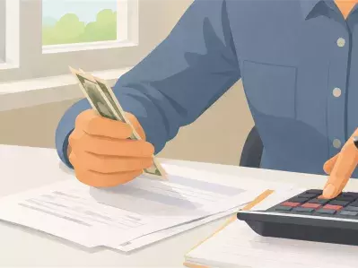 Person counting cash with calculator at desk