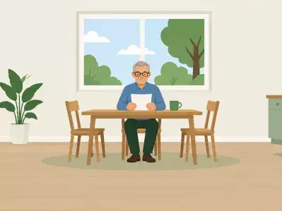 Man reviewing card and bills at kitchen table
