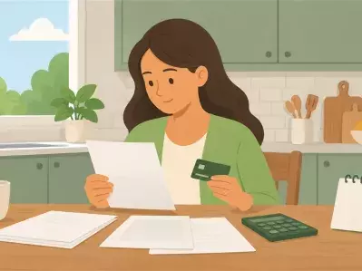 Woman reviewing credit card bills at table