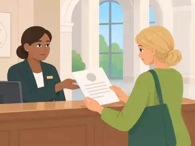 Court clerk handing document to resident at counter