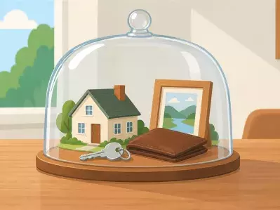 Glass cloche covering house model and wallet