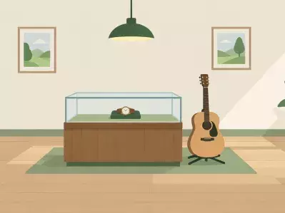 Pawn shop display with guitar and jewelry