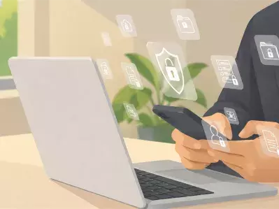 Woman using phone beside secure laptop