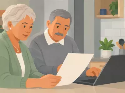 Couple reviewing letter at kitchen table