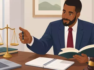 Lawyer reviewing law book at desk