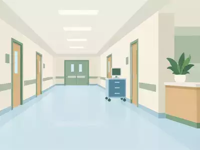 Hospital corridor with patient doors and cart