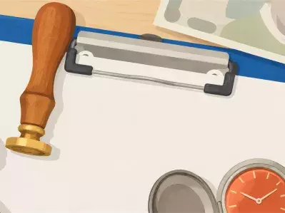 Wooden gavel with clipboard and currency