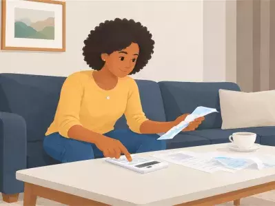 Woman reviewing bills on sofa with calculator