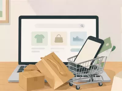 Laptop with shopping cart and package bags