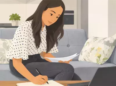 Woman reviewing papers on sofa with laptop