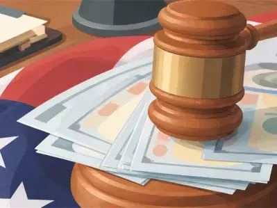 Gavel resting over flag and legal papers