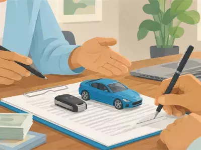 Reviewing auto loan with toy car and cash
